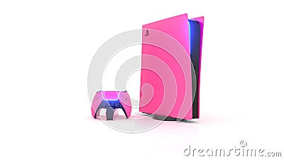 Moscow, Russia - March 20 2021: Home video game console and game controller. Wireless pink device on white background. 3d Editorial Stock Photo