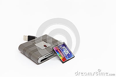 Moscow / Russia - March 6, 2019: Kingston universal card reader and a 32 gigabyte transcend compact flash memory card. Editorial Stock Photo