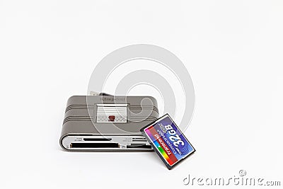 Moscow / Russia - March 6, 2019: Kingston universal card reader and a 32 gigabyte transcend compact flash memory card. Editorial Stock Photo