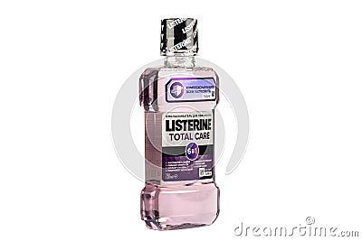 Moscow, Russia - March 01, 2021: Listerine Total Care 6 in 1 bottle with oral protection liquid. Editorial Stock Photo