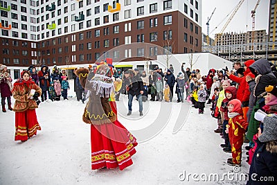 Moscow, Russia- March, 14, 2021: maslenitsa festival celebration outdoor party Editorial Stock Photo