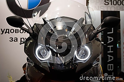 Motorcycle BMW with angel eyes headlight on exhibition Editorial Stock Photo