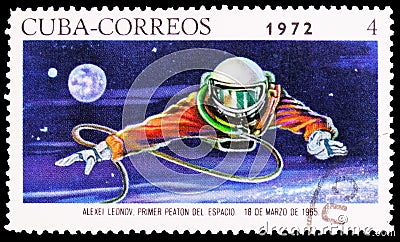 Postage stamp printed in Cuba shows Alexei Leonov, Soviet Spaceflight serie, circa 1972 Editorial Stock Photo