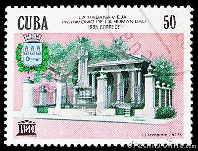 Postage stamp printed in Cuba shows El Templete (1827), UNESCO World Heritage - Old Havana serie, circa 1985 Editorial Stock Photo