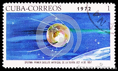 Postage stamp printed in Cuba shows Sputnik 1, Soviet Spaceflight serie, circa 1972 Editorial Stock Photo