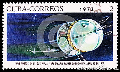 Postage stamp printed in Cuba shows Vostok 1, Soviet Spaceflight serie, circa 1972 Editorial Stock Photo