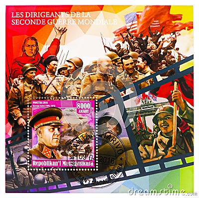 Postage stamp printed in Madagascar shows Block: Leaders of World War II, Georgi Zhukov, serie, circa 2016 Editorial Stock Photo