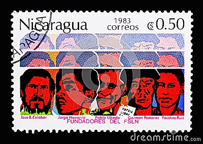 Jose B. Escobar, Jorge Navarro, Pablo Ubeda, German Pomares, Faustino Ruiz, Founders of the FSLN serie, circa 1983 Editorial Stock Photo