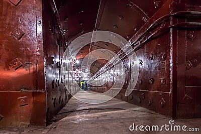 Moscow, Russia - March. 2013: Tunnel at Bunker-42, anti-nuclear underground facility of Soviet Union Editorial Stock Photo