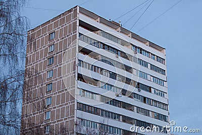 MOSCOW, RUSSIA - MARCH 20, 2018:A twelve-story residential building in Moscow with decorative panels replaced on the balconies Editorial Stock Photo
