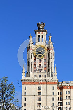 Moscow, Russia - May 03, 2019: Barometer on the tower of the main building of Moscow State University Editorial Stock Photo