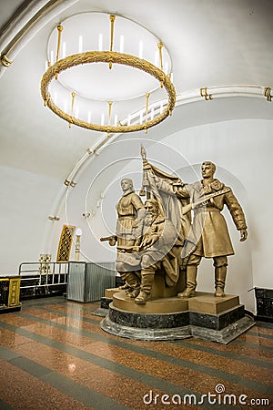 Belorusskaya Metro Station, soldier sculpture - Moscow, Russia Editorial Stock Photo