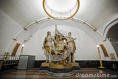 Belorusskaya Metro Station, soldier sculpture - Moscow, Russia Editorial Stock Photo