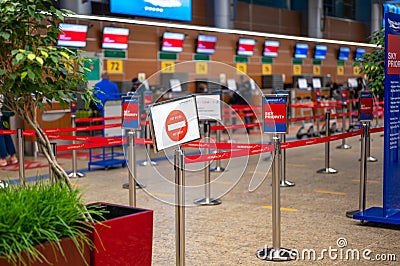 MOSCOW, RUSSIA - 07May, 2021: check-in area in Sheremetyevo International Airport. check-in counters at Sheremetyevo airport, Editorial Stock Photo