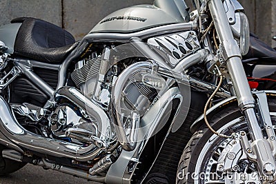 Moscow, Russia - May 04, 2019: Chrome engine with exhaust system pipes of Harley Davidson motorcycle. Moto festival MosMotoFest Editorial Stock Photo