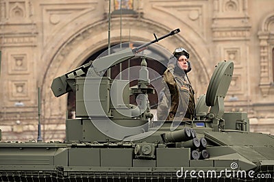 The commander of the T-90M tank at the dress rehearsal of the Victory Day parade on Moscow`s Red Square Editorial Stock Photo