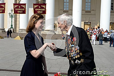 Conversation with Labor Veteran, Doctor of Technical Sciences Valentin Dorkin at the Moscow Bolshoi Theater on Victory Day Editorial Stock Photo