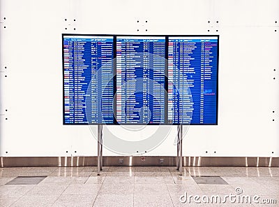 Moscow, Russia - May 6, 2019: Electronic scoreboard flights and airlines. Various destinations on a light board. Airport Editorial Stock Photo