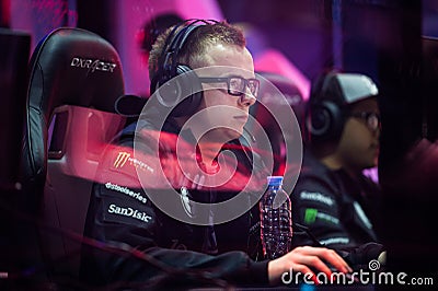 MOSCOW, RUSSIA - MAY 14 2016: EPICENTER MOSCOW Dota 2 cybersport event. Evil geniuses player Peter PPD Dager in the Editorial Stock Photo