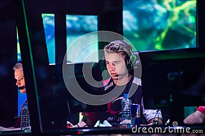 MOSCOW, RUSSIA - MAY 14 2016: EPICENTER MOSCOW Dota 2 cybersport event. Player in the cabin complexity team. Editorial Stock Photo