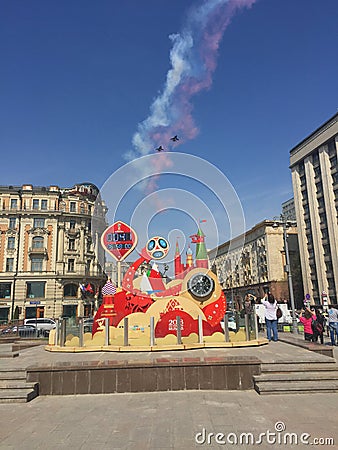 MOSCOW, RUSSIA - MAY 04, 2018: The group of Russian fighters fly over Red Square. Dress rehearsal of the Victory Day parade on Red Editorial Stock Photo