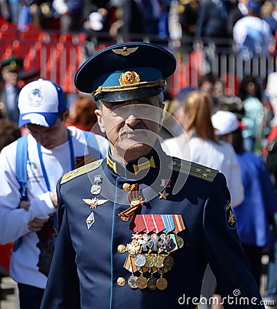 Hero of the Russian Federation Viktor Romanov on Red Square in Moscow during the celebration of the Victory Day. Editorial Stock Photo