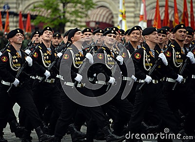 Marines of the Kirkenes brigade of marine infantry of the coastal forces of the Northern Fleet during the rehearsal of the parade. Editorial Stock Photo