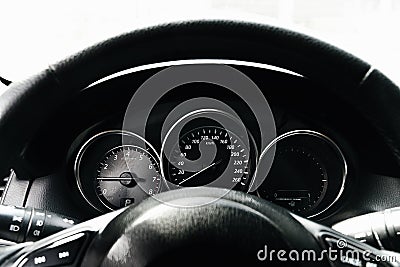 MOSCOW, RUSSIA - MAY 16, 2020: mazda cx-5 speedometer dashboard, tachometer Editorial Stock Photo