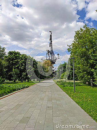 Moscow, Russia - May 31, 2021: Muzeon Art Park. Side view of the statue of Peter Great and the green park area. Vertical Editorial Stock Photo