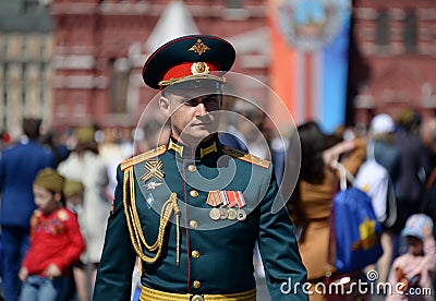 An officer of the Russian army on Red Square in Moscow during the celebration of the Victory Day. Editorial Stock Photo