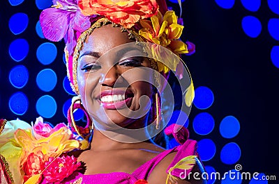 MOSCOW, RUSSIA- MAY 2017: Photo event with Beautiful girl bright carnival costume stage background. Portrait smiling Editorial Stock Photo