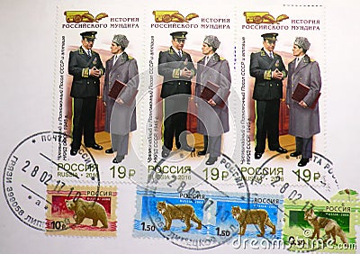 Postage stamp printed in Russia shows Ambassador Extraordinary and Plenipotentiary of the USSR, History of the Russian Uniform Editorial Stock Photo