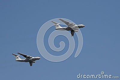 Rehearsal of the Victory Day celebration WWII. The airshow on the Red Square, the group of multi-purpose four-engine turbofan st Editorial Stock Photo