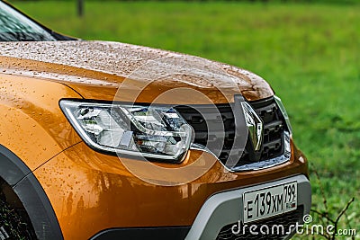MOSCOW, RUSSIA - MAY 08, 2021 Renault Duster second generation details view. Exterior close up view of car bonnet and modern headl Editorial Stock Photo