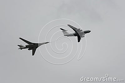 Simulation of air refueling of IL-78 and Tu-160 aircraft during the air parade in Moscow dedicated to the 75th anniversary of Vict Editorial Stock Photo