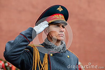 MOSCOW, RUSSIA - MAY 08, 2017: Soldiers of Ðµhe Honor Guard of the 154 Preobrazhensky Regiment. Rainy and snowy view Editorial Stock Photo