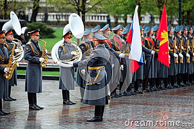 MOSCOW, RUSSIA - MAY 08, 2017: Soldiers of The Honor Guard of the 154 Preobrazhensky Regiment. Rainy and snowy view. Alexander Ga Editorial Stock Photo