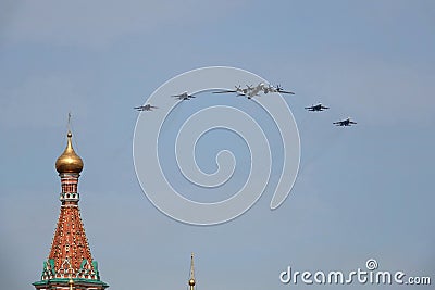 SU-35S fighters and Tu-95 `Bear` bomber at the rehearsal of the parade dedicated to the 77th anniversary of Victory Day Editorial Stock Photo