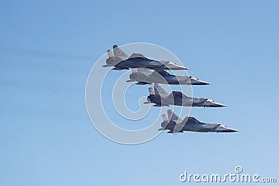 Moscow, Russia - May 07, 2019: Supersonic high-altitude all-weather long-range interceptor fighter MiG-31 in the blue sky over Red Editorial Stock Photo