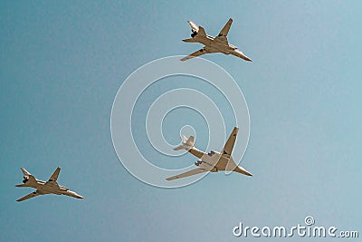 Moscow, Russia - May 04, 2018: Tupoloev Tu-160 and Tupolev Tu-22M-3 strategic bombers of Russian Air Force during Victory Day Editorial Stock Photo