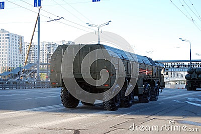 Around the city the operational and tactical missile system of OTRK `Iskander M` goes. Editorial Stock Photo