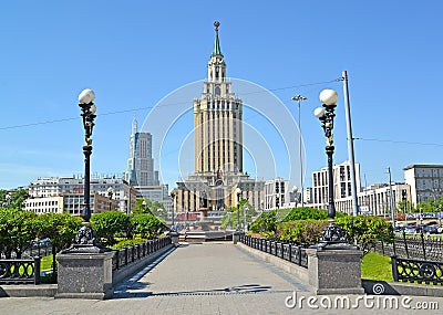 MOSCOW, RUSSIA. A view of Leningradskaya hotel th through the square at Komsomolskaya Square Editorial Stock Photo