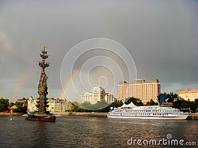 MOSCOW, RUSSIA - MAY 26, 2011: View of Peter Great monument architect Zurab Tseretely with rainbow Editorial Stock Photo