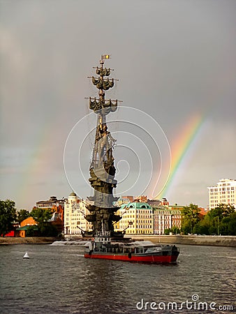 MOSCOW, RUSSIA - MAY 26, 2011: View of Peter Great monument architect Zurab Tseretely with rainbow Editorial Stock Photo