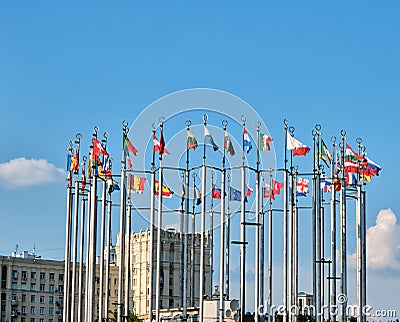 Moscow, Russia - 07.12.2021: National flags of many diffirent countries in the street Editorial Stock Photo