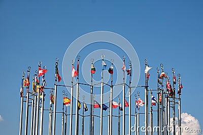 Moscow, Russia - 07.12.2021: National flags of many diffirent countries in the street Stock Photo