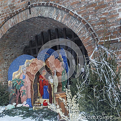 Moscow, Russia, Nativity scene at Krutitsky Compound. Bible scene on Christmas eve. Krutitsy Patriarchal Metochion Editorial Stock Photo