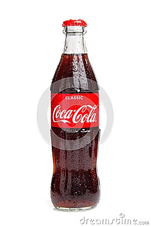 Coca cola bottle with water drops isolated on white background Editorial Stock Photo