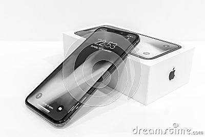 MOSCOW,RUSSIA 12 NOVEMBER, 2017: Iphone X smart phone. Latest Apple Iphone 10 mobile phone. Illustrative editorial Editorial Stock Photo