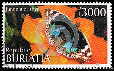 Postage stamp printed in Cinderellas shows Junonia orithya, Buriatia Russia serie, circa 1997 Editorial Stock Photo